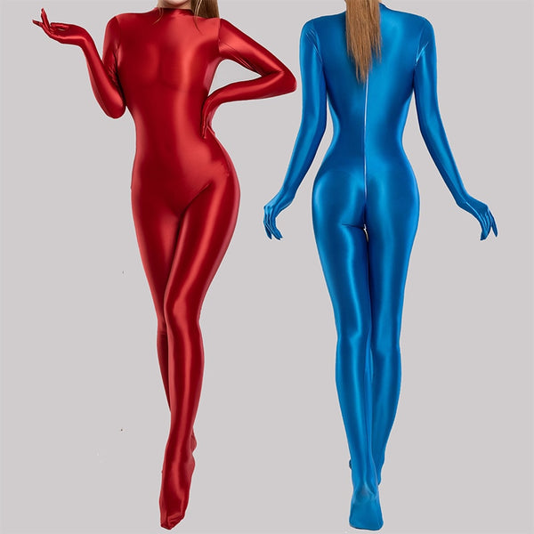 Seamless Glossy Satin Sexy Women Long Sleeve Bodysuit Jumpsuit One-piece Zipper Shiny Tights Pantyhose White Body Suit