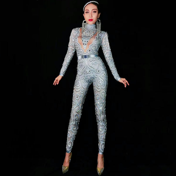 Flashing Silver Rhinestones Spandex Women Jumpsuit Birthday Celebrate Bar Outfit Singer Dance Wear Leggings Stage Costume