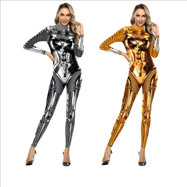 New Cosplay Costumes Jumpsuit Women Clothes Gold Silver 3D Print Tight Catsuit Zentai Fetish Outfit Women Muscle Suit