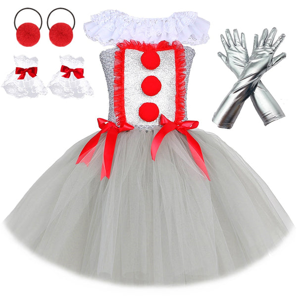 Gray Joker P Pennywise Tutu Dress Girl Creepy Clown Cosplay Halloween Costume for Kids Clothes Children Fancy Carnival Party Dress