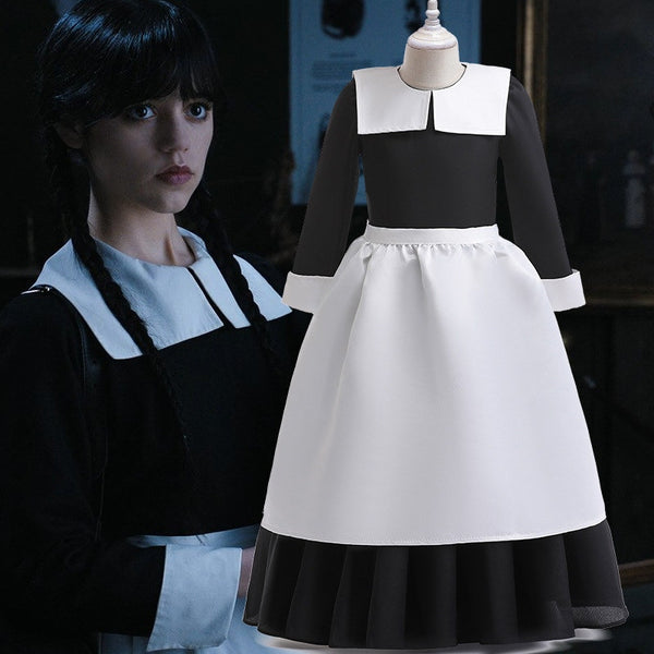 Kids Addams Wednesday Children Waitress Dress Hat Suits Halloween Party Cosplay Costume