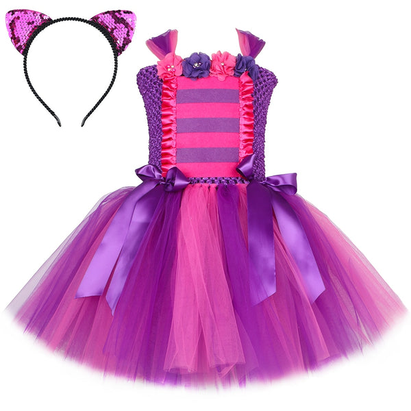 Hot Pink &amp; Lila Cheshir Cat Tutu Kleid für Mädchen Halloween Karneval Purim Party Cosplay Cartoon Cat Kostüm Fancy Kinderkleidung