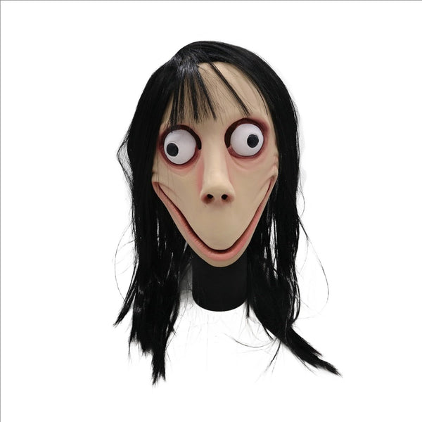Lustige Scary Momo Hacking Game Cosplay Maske Erwachsener Vollkopf Halloween Ghost Momo Latexmaske mit Perücken