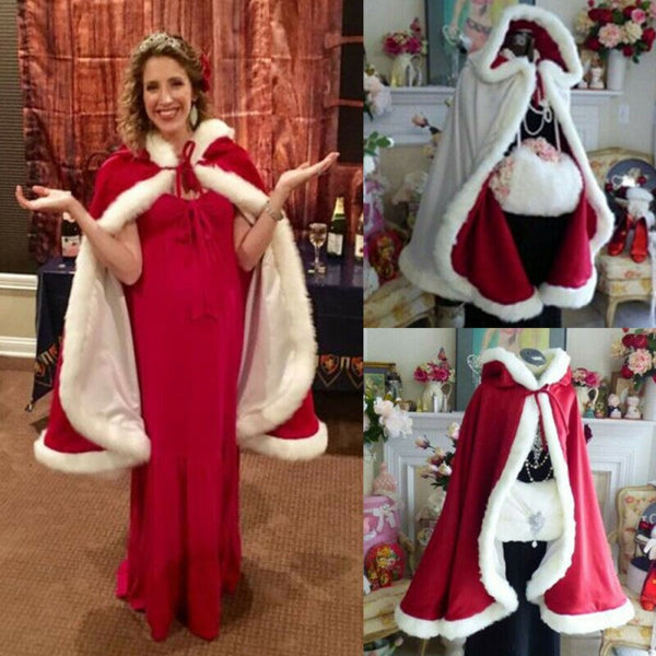 Christmas Costume For Adult Kids Women Hooded Christmas Cloak Mrs Santa Claus Velvet Fur Cloak Capa Red Cloak Cape Party Cosplay