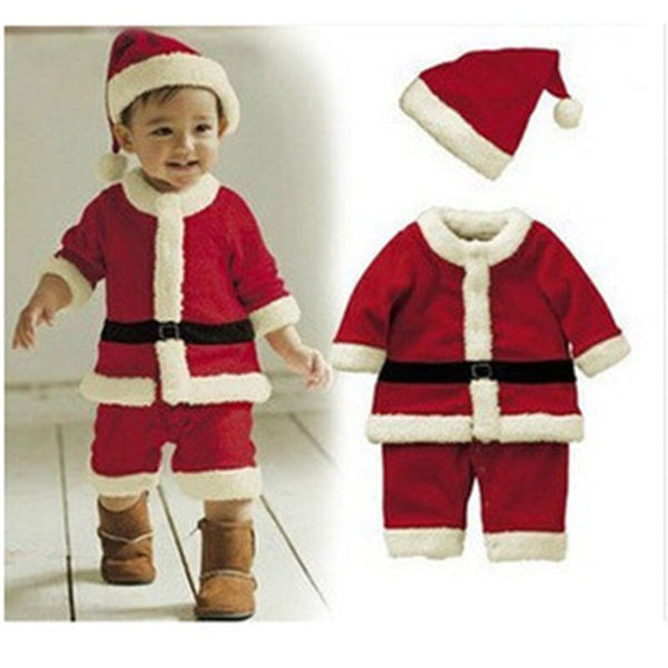 Kinder Kind Weihnachten Cosplay Weihnachtsmann Kostüm Kleinkind Säugling X-Mas Outfit Geschenk 2-teiliges Set Kleid Overall + Hut für Jungen Mädchen