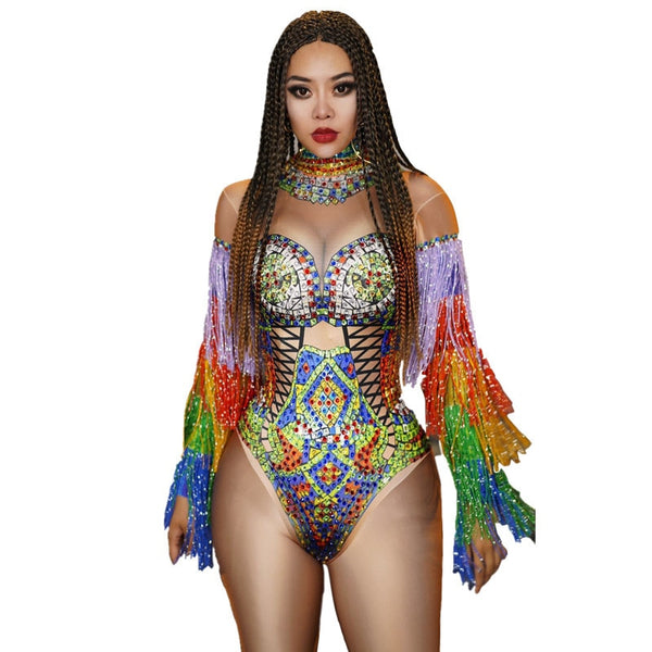 Multi-color Rhinestones Tassel Sleeve Bodysuit Women Singer Bar Sexy Dance Costume Club Party Crystals Fringe Leotard Stage Wear