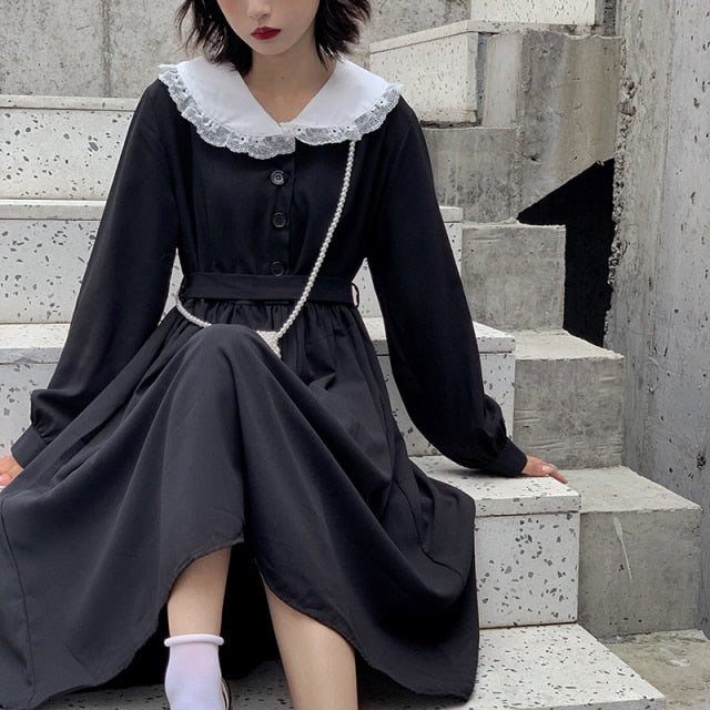 Japanese Women Girl Harajuku Preppy Style High Waist Lolita Slim Dress