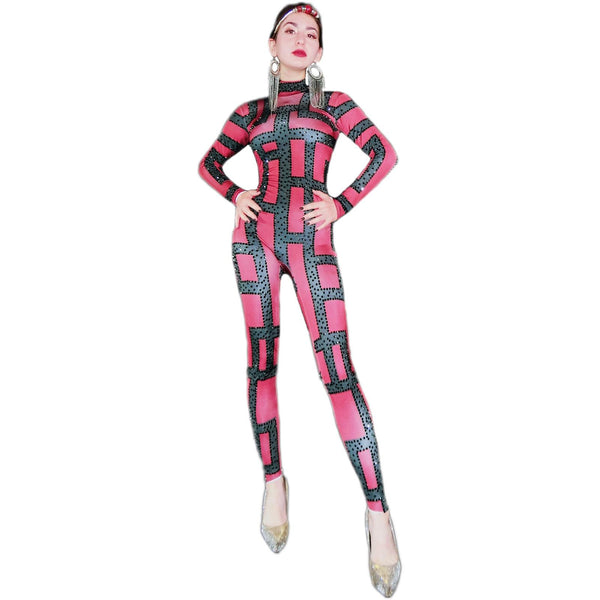 Women Singer Stage Bodysuit Black Red Rhinestones Spandex Jumpsuit Birthday Dance Bar Outfit Evening Clothing