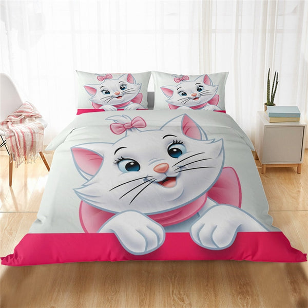 Cartoon Pink Printing Marie Cat Kinder- / Kinderbettwäsche-Sets 100% Polyester Bettbezug Kissenbezug Queen King-Size-Bett-Set