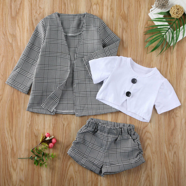 Winter Warm Fashion Baby Girls Cloth Kids Plaid Short Sleeve Tops Shorts Coat Jacket Formal Outfit Clothes 3PCS Costume