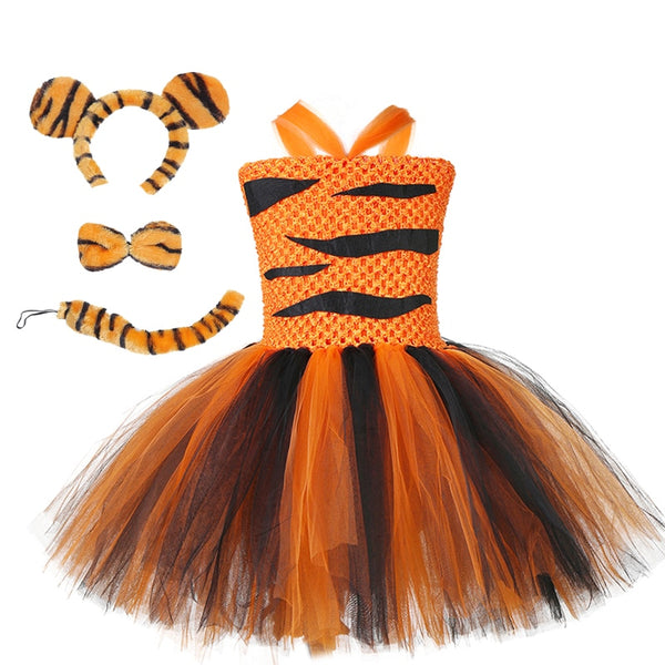 Kids Tiger Cosplay Costume Set Baby Girls Birthday Jungle Party Tutu Dress Children Halloween School Perform Clothes Set