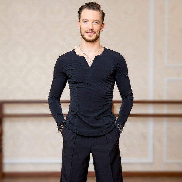 Men's Latin Dance Tops Standard Ballroom Dancing Practice Clothes Long Sleeves V-Neck Shirt Samba Waltz Dance T-Shirts DL5233