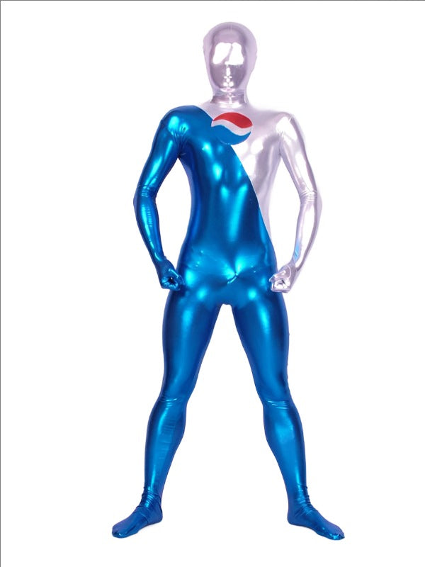 Blue And Silver Shiny Zentai Pepsiman Costume for Halloween Events Party Bodysuit
