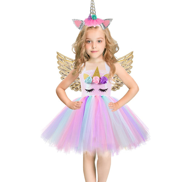 Christmas Unicorn Dress Sequins Girls Ballet Dance Ball Princess Tutu Dress Birthday Party Gift Halloween Cosplay Costume Wings