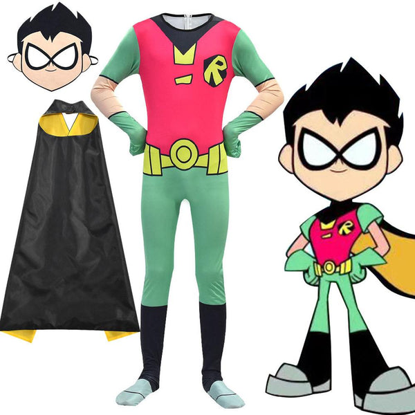 Teen Titans Go Robin Cosplay Kostüm 3D Kinder Overall Zentai Umhang für Jungen Mädchen