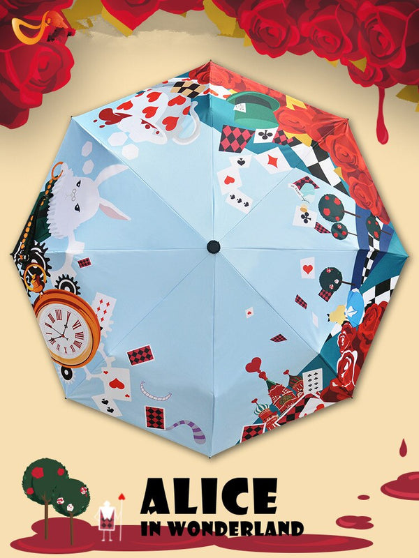 Alices a Wondelands Clock a Cat Umbrella Three-Folding Non-Auto Umbrella Cartoon Windproof Folding Sun Rain Umbrella