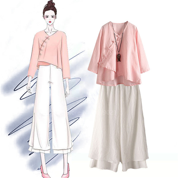 Traditional Chinese Women Tops Retro Casual Solid Linen Tea Set Breathable Tai Chi Hanfu Full Sleeve Buckle Tops Trousers