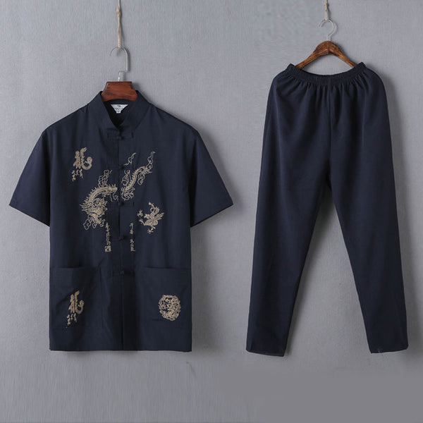 Male Chinese Traditional Costumes Set 2PCs Shirts+trousers Breathable Cotton Dragon Embroidery Men New Year Kung Fu Tang Suit