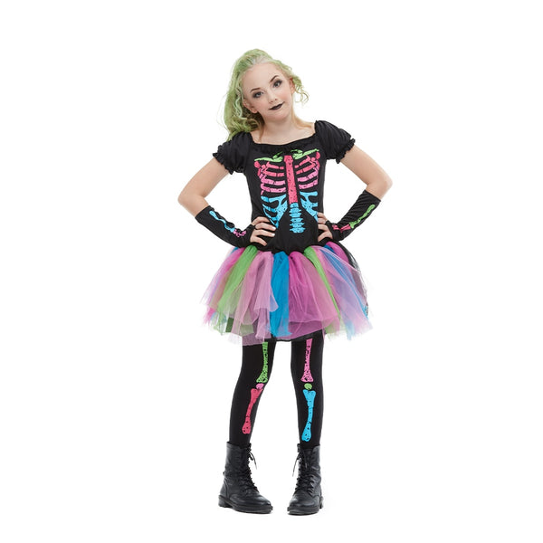 Reneecho 2021 Neuankömmling Regenbogen Skelett Mädchen Kostüm Kleinkind Funky Punky Bone Kostüm Halloween Kostüm für Kinder