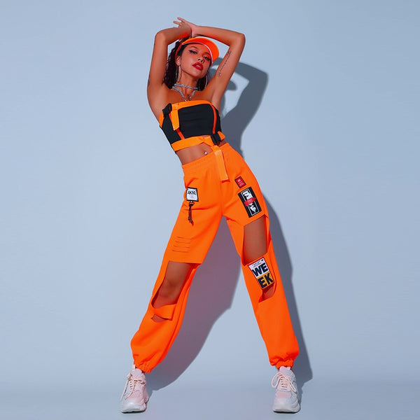 Orange Cheerleader Kostüm für Erwachsene K-Pop Outfits E-Mädchen Kleidung Sexy DJ DS Kleidung Hip Hop Dance Wear Bühnenkostüm DL7062