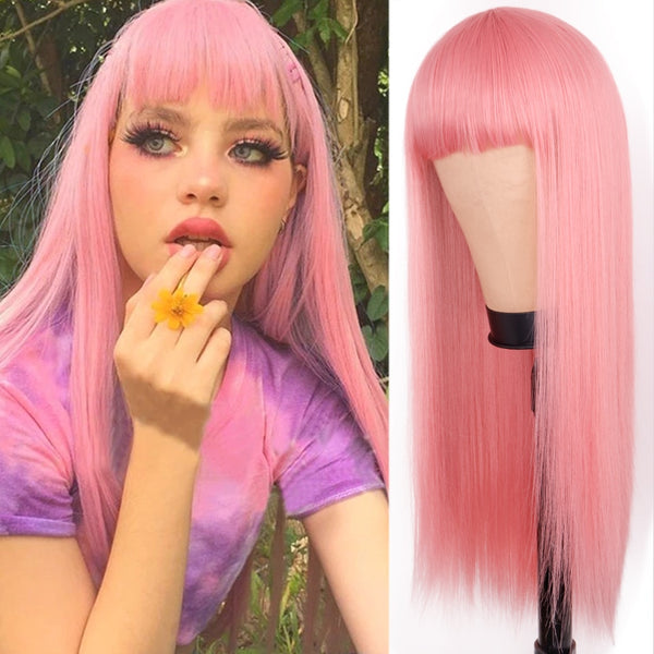 Lolita-Perücke, rosa Perücke, blonde Perücke, langes glattes Haar mit Pony, natürliche Perücken, für Frauenhaare, Cosplay-Perücke