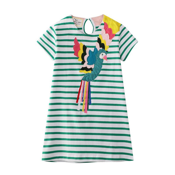 Summer Princess Bird Applique Girls Cotton Dresses for Baby Stripe Costume Hot Selling Kids Dress