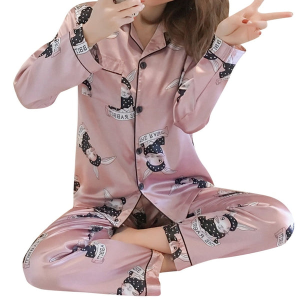 Summer Silk Satin Pajamas Set Woman Printed Long Sleeve Sleepwear Pijamas Suit Female Sleep Two Piece Loungewear Plus Size