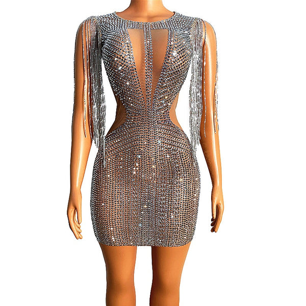 Sparkly Silver Strass Fransen transparentes kurzes Kleid Geburtstag feiern Kette Schulter Outfit Damen Tänzerin Abendkleid