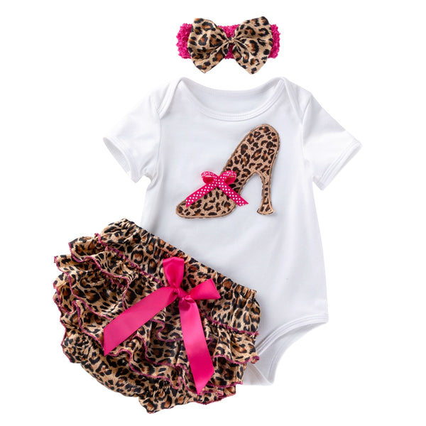 3Pcs Set Baby Newborns 2021 Summer Cotton Short Sleeve Leopard Bodysuit High-heeled Shoes Christmas Ruffle Baby Girl Clothes Set