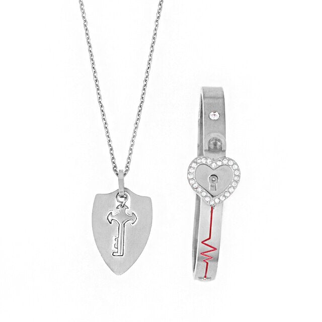 Stainless Love Heart Crown Lock and Key Pendant Necklace Set, 100 Languages  I Love You Couples Projection Jewelry