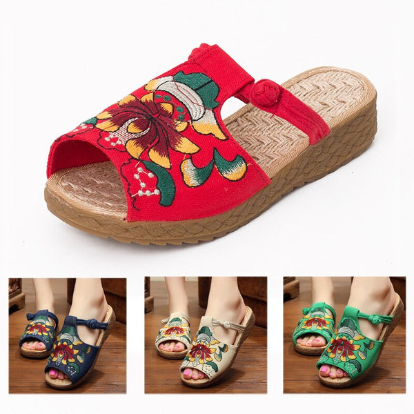 Woman Chinese Style Traditional Embroidery Vintage Canvas Flat Shoes Handmade Summer Comfort Sandals Hanfu Dance Cosplay Shoes