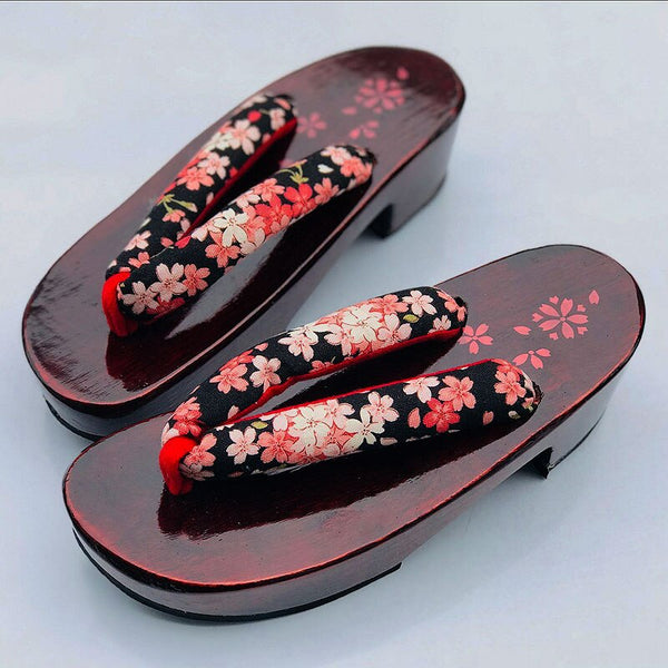 Women's Cosplay Shoes Black Painted Muffin Mid Heel Japan Geta Classic Flip Flops Beach Slippers Summer Wood Sandals