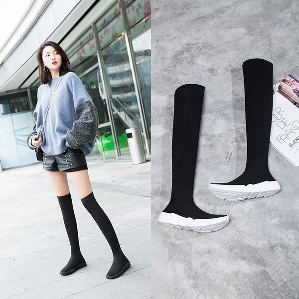 Fashion Height Increasing Cosplay Shoes Women Long Boots Fall 2021 Thick Bottom Knee High Boots Knitted Elastic Thin Socks Boots