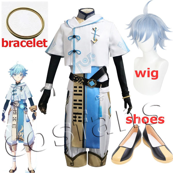 Anime Game Genshing and Impacts Cosplay Chongyuns Cosplay Costume Game Chong Yuns Costume Halloween Chongyuns Blue Wig+cap