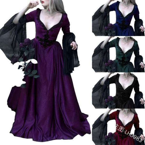 Medieval Gothic Vintage Dress Forest Wood Elf Fairy Cosplay Dress Halloween Pagan Witch Costume Fancy Sexy V Neck Maxi Gown