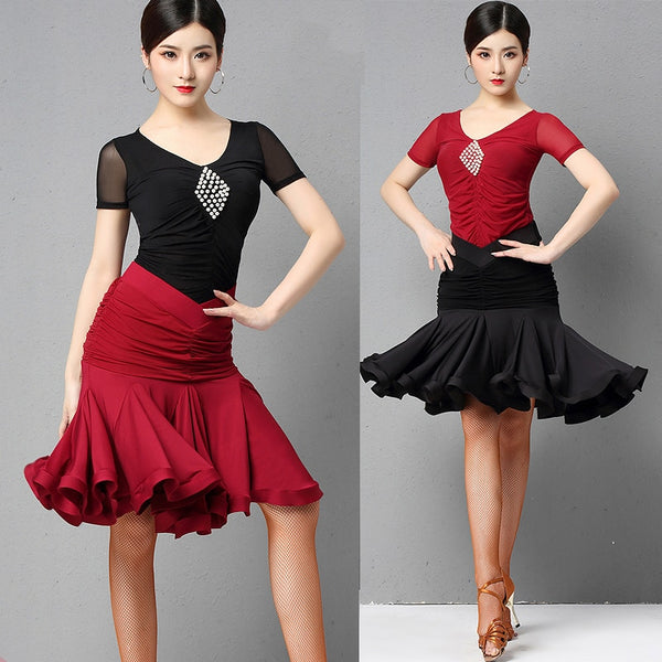 New Latin Dance Practice Clothes For Women Ballroom Dance Training Clothes Sexy V-Neck Short-Sleeve Shirt Fish Bone Skirt DL5947