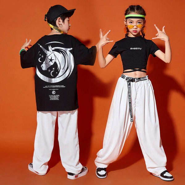 Hip Hop Dance Outfit Kids Rave Clothing Cheerleader Uniform Street Dancewear Casual Pants Stage Costume Festival Clothing DL7854