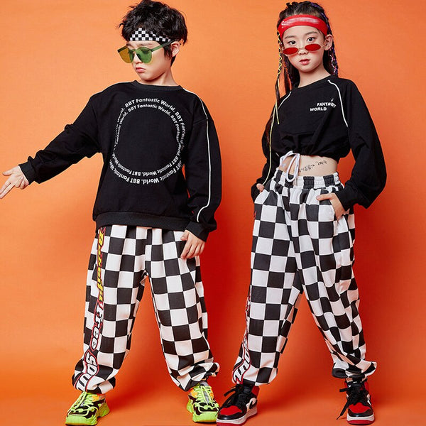 Hip Hop Dance Outfit Rave Clothing Street Dancewear Black Cropped Hoodie Plaid Pants Stage Costume Festival Clothing DL7848