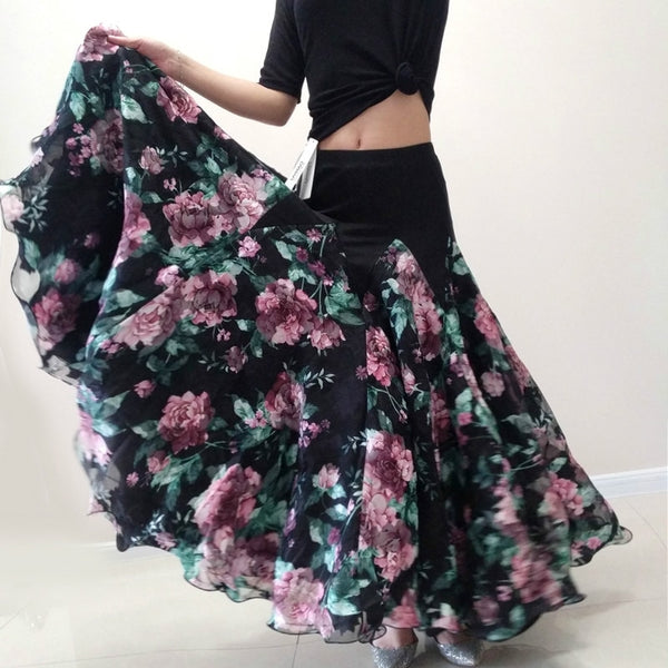 Standard Flower Printing Ballroom Dance Skirt Waltz Dancing Wear For Women Plus Size Long Skirts Customize Size DL5267