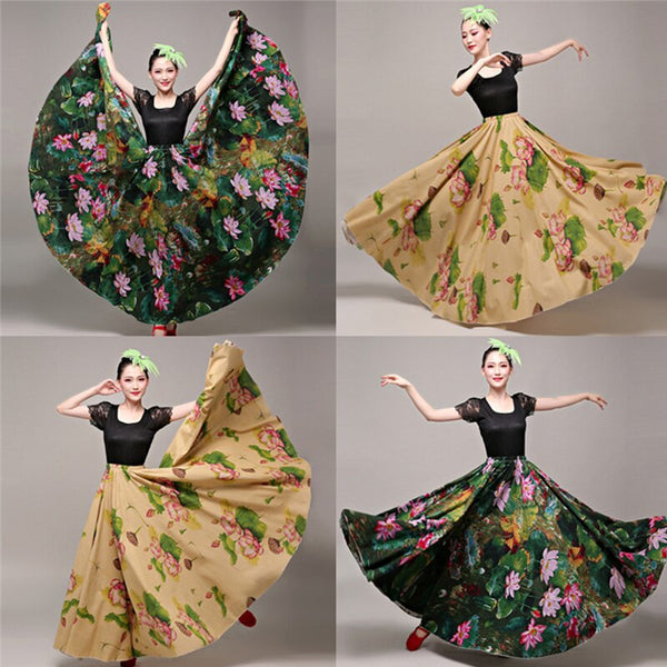 Lotus Floral Print Big Swing Women Spanish Flamenco Skirt Luxury Elegant Party Wear Ballroom Belly Dance Costumes Dress DL5150