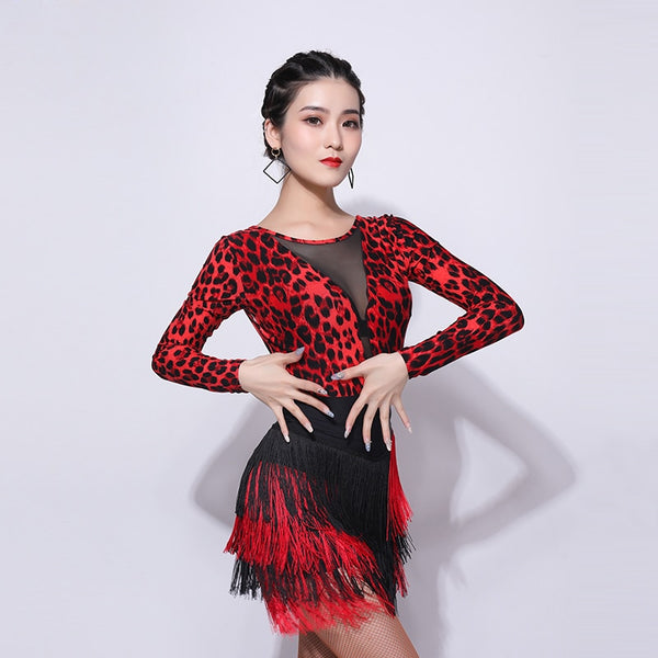 Fashion Women'S Dance Latin Dance Competition Wear Sexy Leopard Tops Fringed Skirt Cha Cha Samba Rumba Training Clothes DL5039