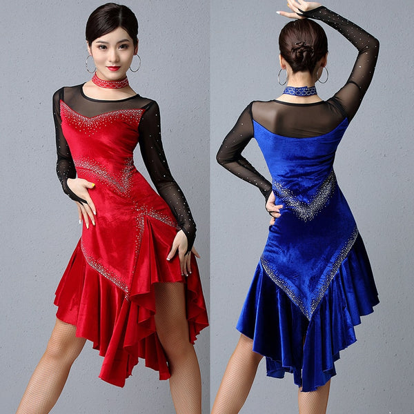 Rhinestone Mesh Latin Dance Dress Women's Standard Ballroom Samba Clothing Autumn High Quality Velvet Long-Sleeved Dress DL4707