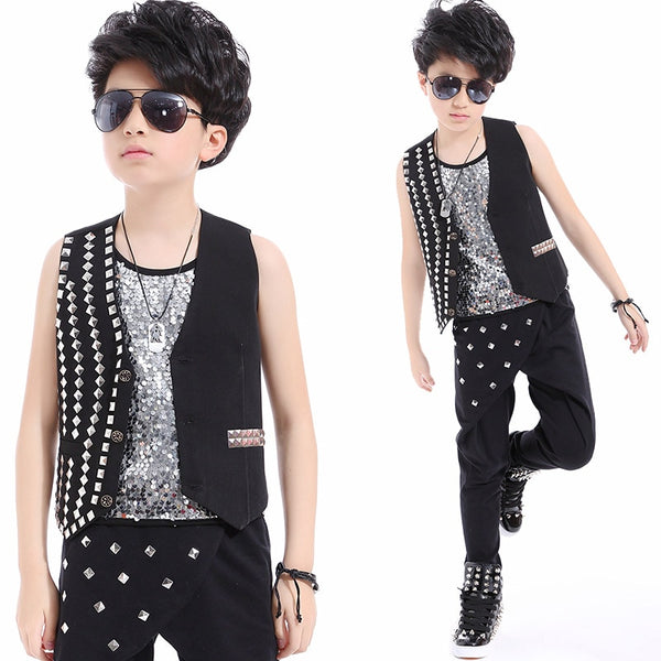 Hip Hop Boy Dance Costume Modern Jazz Dance Costumes Sequin Stage Clothes For Singers For Kids Vest+Cost+Pants 3 Pcs Set DL2400