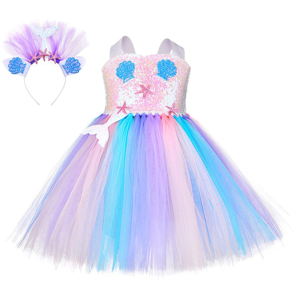 Pastel Sequins Mermaid Princess Tutu Dress Girls Kid First Birthday Dress Up Child Starfish Shell Mermaid Costume for Halloween