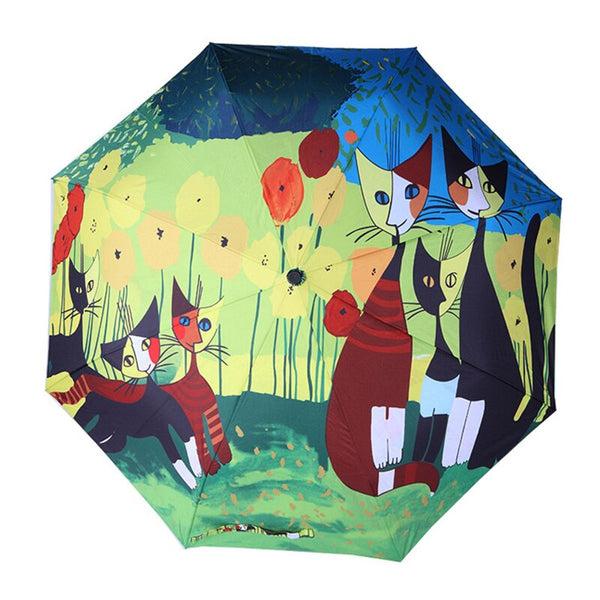 Fashion Art Illustration Cartoon Cats Umbrellas Rain Sun Umbrella 3 Folding Thickening 8 Rib Creative Sunshade Women Umbrellas