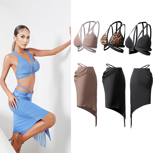 Sexy Latin Dance Costumes Tassel Skirt Latin Dance Practice Cross Straps Tops Latin Fringed Skirts Hollow Irregular Skirt SL5115