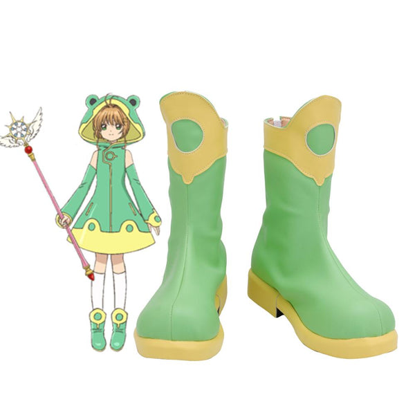 Card Captoror Sakurara a Frog Sakurara Cosplay Boots Green Leather Shoes Custom Made Any Size Can be Made