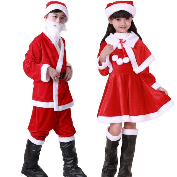 Christmas Velvet Kids Boys Red Santa Claus Costume Christmas Party Gift Giver Cosplay Clothes Top Pant  Hats