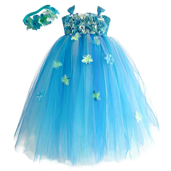 Fancy Fairy Costume for Kids Ankle Length Blue Hydrangea Flower Girls Dresses Children Birthday Party Clothes Wedding Carnival