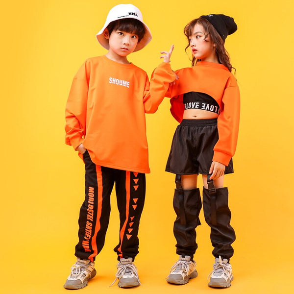 Street Dance Boys Sweatshirts Girls Crop Top Hip Hop Clothes Sets Kids Joggers Cargo Sport Pants Outfit Child Dancewear Costume